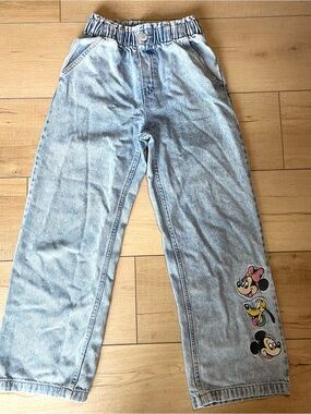 H&M Disney Stone Wash Wide Leg Mickey Minnie Mouse Daisy Patch Elastic Jeans